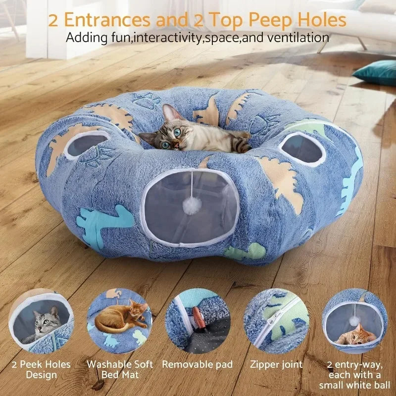 Cat Tunnels Interactive Play System - Foldable & Washable with Peekaboo Cave & Plush Bed, 4 Entry Adventure Zone for Cats & Pets