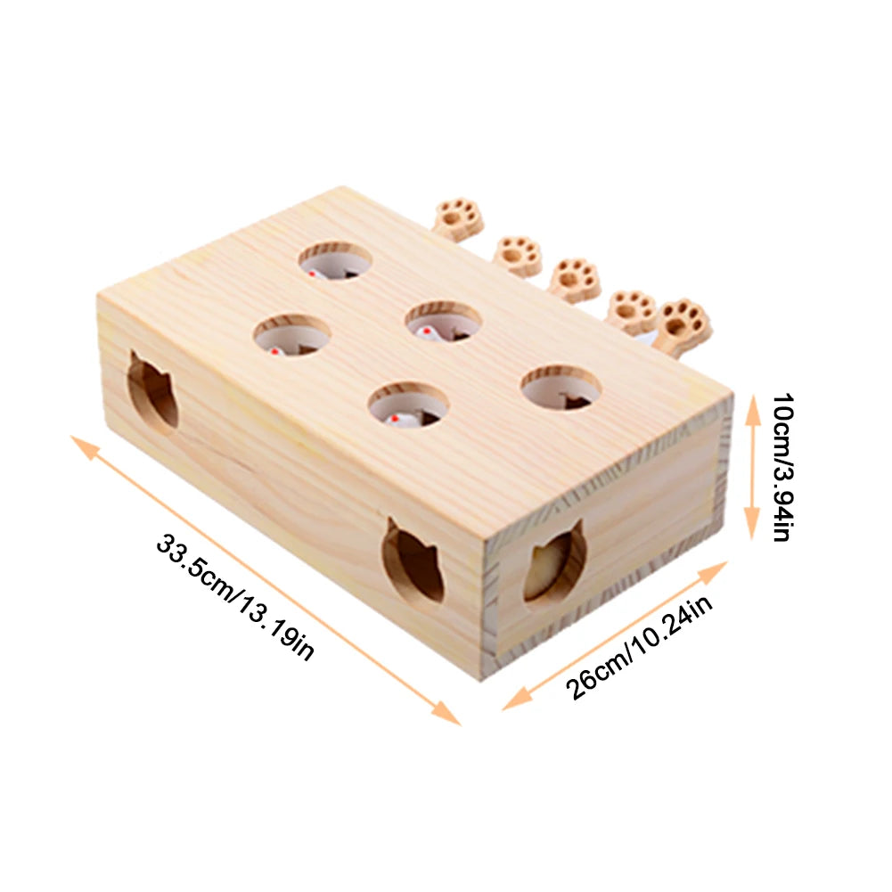 Wooden Cat Toy Interactive Cat Whack-A-Mole Mouse Wooden Brain-Teaser Box Cat Enrichment Toys for Cats and Kittens