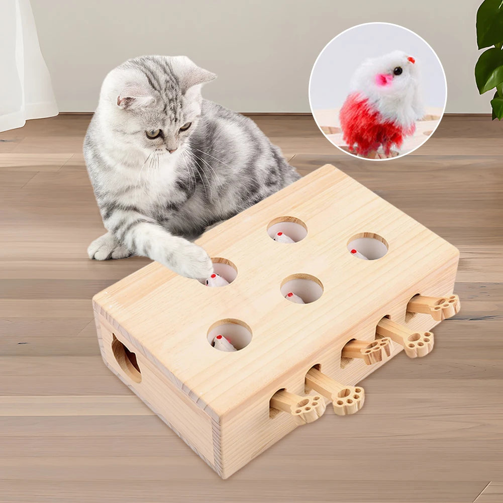 Wooden Cat Toy Interactive Cat Whack-A-Mole Mouse Wooden Brain-Teaser Box Cat Enrichment Toys for Cats and Kittens
