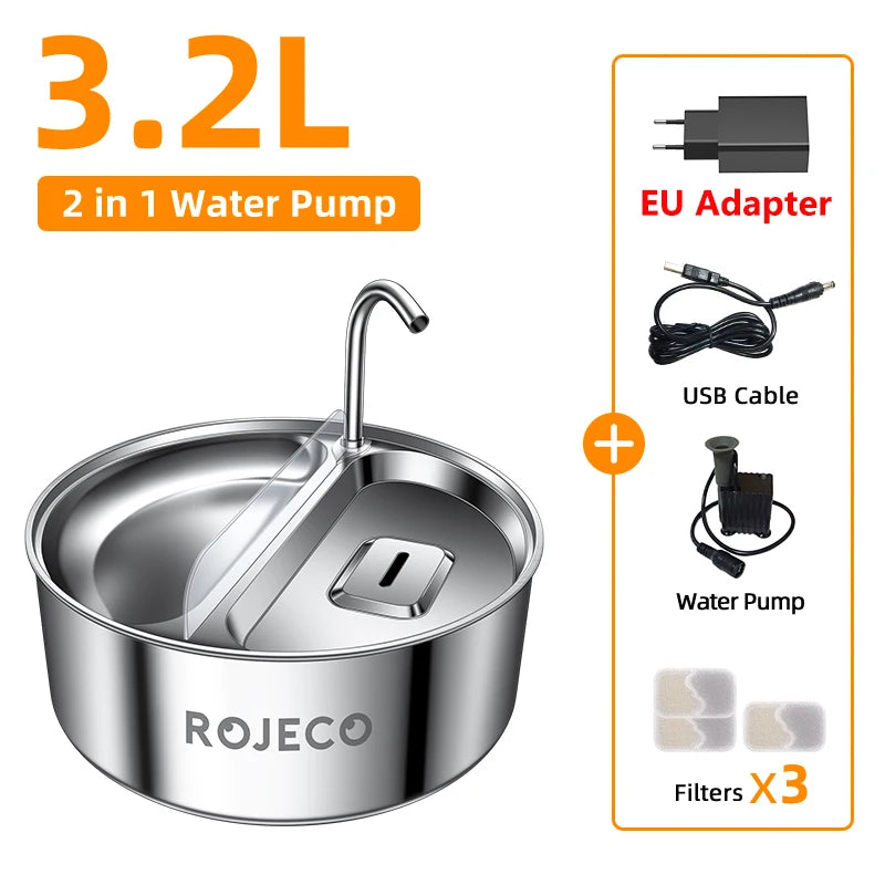 ROJECO 2 in 1 Automatic Pet Water Dispenser With Feeder Bowl Stainless Steel Dog Water Fountain Smart Cat Food Feeding Drinker