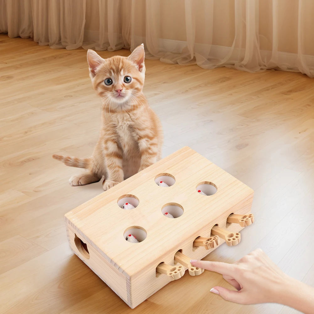 Wooden Cat Toy Interactive Cat Whack-A-Mole Mouse Wooden Brain-Teaser Box Cat Enrichment Toys for Cats and Kittens