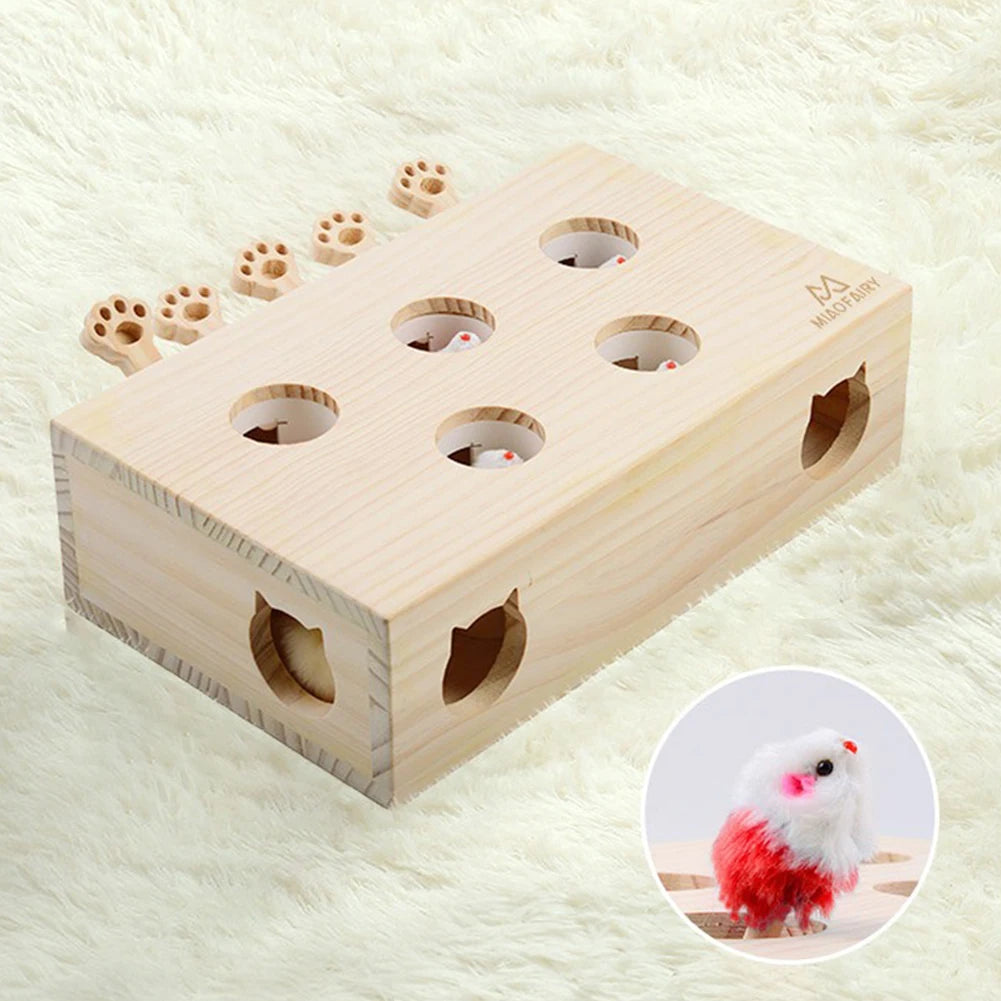 Wooden Cat Toy Interactive Cat Whack-A-Mole Mouse Wooden Brain-Teaser Box Cat Enrichment Toys for Cats and Kittens
