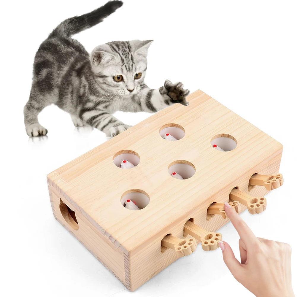 Wooden Cat Toy Interactive Cat Whack-A-Mole Mouse Wooden Brain-Teaser Box Cat Enrichment Toys for Cats and Kittens