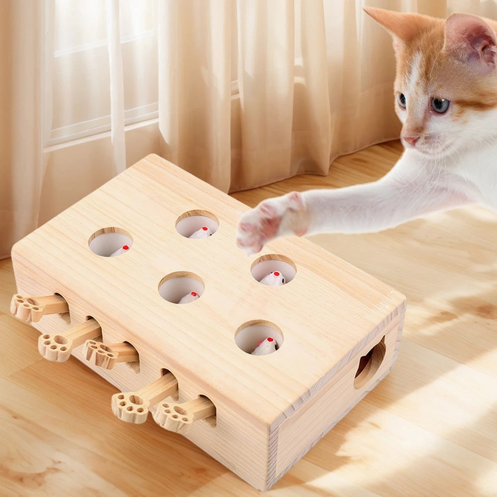 Wooden Cat Toy Interactive Cat Whack-A-Mole Mouse Wooden Brain-Teaser Box Cat Enrichment Toys for Cats and Kittens