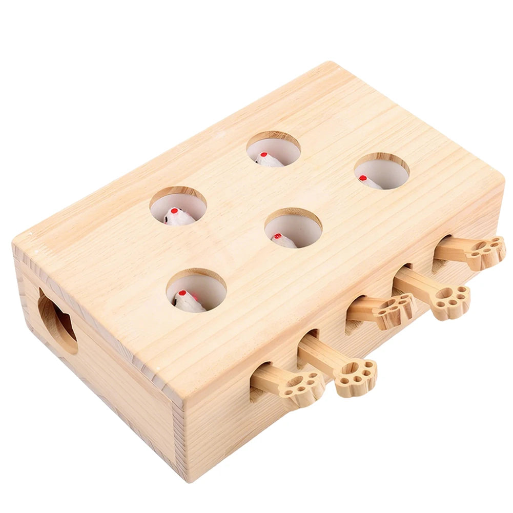 Wooden Cat Toy Interactive Cat Whack-A-Mole Mouse Wooden Brain-Teaser Box Cat Enrichment Toys for Cats and Kittens
